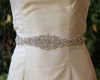 Wedding Dress Sash, Crystal Bridal Belt, Silver Bridal Sash, Crystal Beaded Wedding Belt, Ceinture de Mariée, AMOUR S
