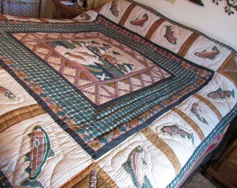 CLEARANCE Sale CABIN in WOODS Queen Sz Quilt 88x87 Never Used Birds and Fish a' Jumping Maize Color Back Cabin Fishing Hunting