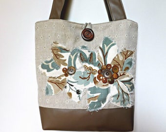 Tan Handbag, Large Tote Purse, Large Shoulder Bag, Tan Tote Bag, Fabric Handbag, Floral Tote Bag with Pockets, Fabric Tote Bag Faux Leather