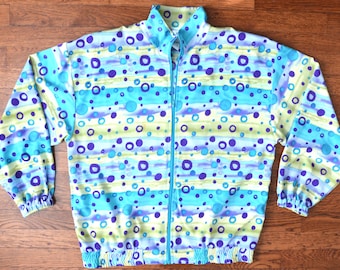 Polka Dot Vintage 90s Windbreaker Jacket Full Zip Coat Lightweight - Teal Green, Blue and White Retro Windsuit - Unsex Large