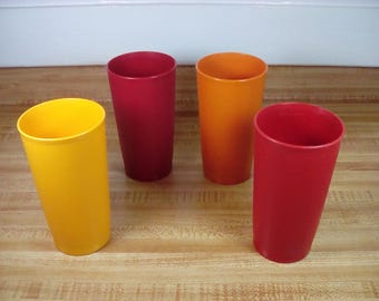 Vintage Tupperware Tumblers, Set of 4, Rustic Fall Colors, Tupperware 873 Series, Retro 70's, Hipster kitchen, Made in USA