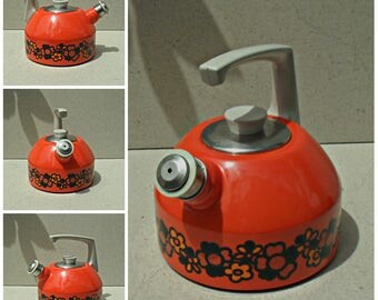 Vintage Enamel Brabantia Kettle with Floral Design Diane 70s, Enamel stove top whistling kettle , vintage orange enamel kettle ,