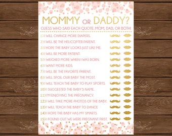 Mommy or Daddy? Printable Baby Shower Game, Instant Download, Pink and Gold Baby Shower, Baby Shower Games, Who Said it?, Mom or Dad?, 017