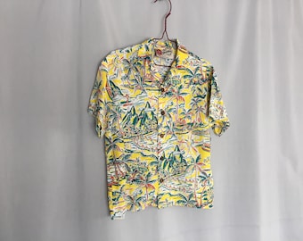 Boys Hawaiian Shirt Vintage Made in Hawaii Yellow White Green Surf Volcano Kids Luau