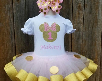 Pink and Gold Minnie Mouse Birthday Outfit, Gold Minnie Mouse, Pink Minnie Mouse Dress, Minnie Mouse Tutu Set, Minnie Mouse Tutu Outfit
