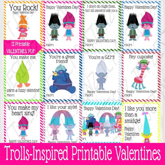 Trolls Printable Kids Valentine Cards