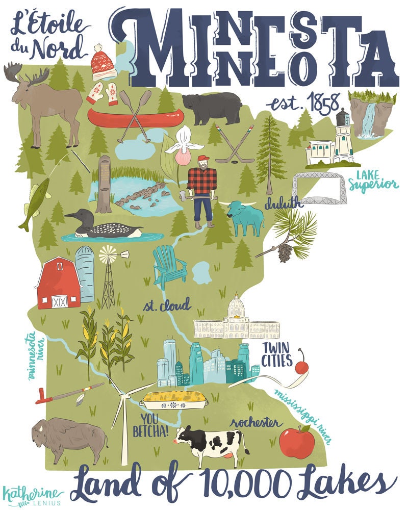 Land of 10000 Lakes Illustrated Minnesota Map Art Print