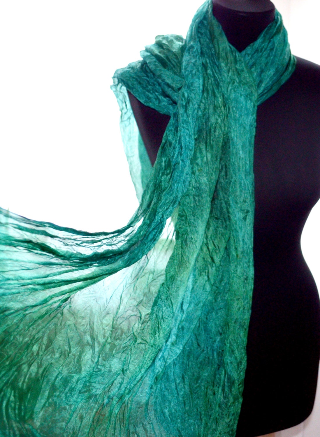Silk scarf emerald green scarf ruffled scarf Hand by batikelena
