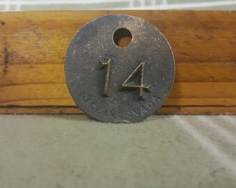 Vintage Double-Sided Heavy Brass Cattle/Livestock Tag #14. Raised Numbers. Patina.