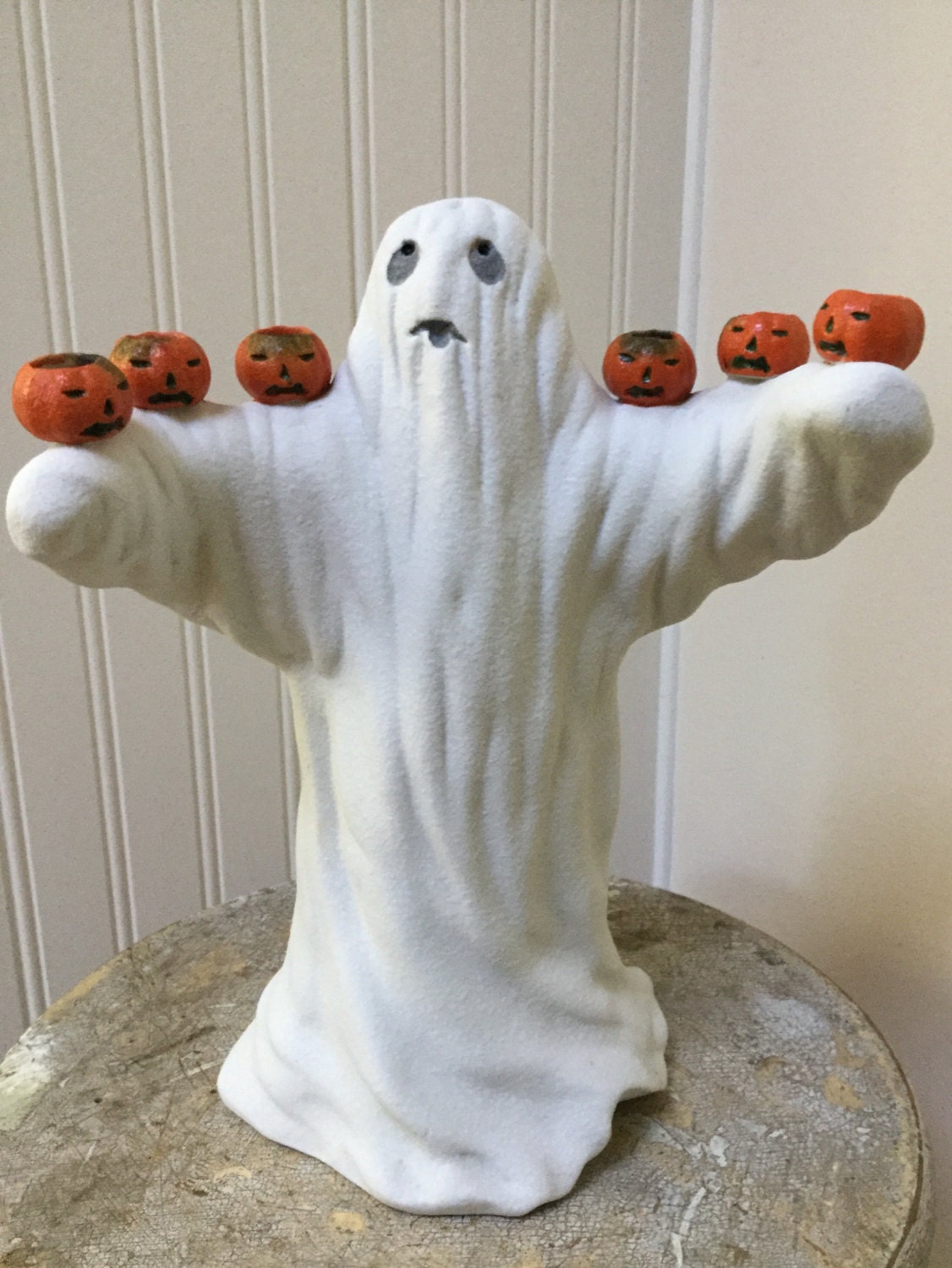 Vintage Halloween Ghost w/Pumpkins/Ceramic Candle