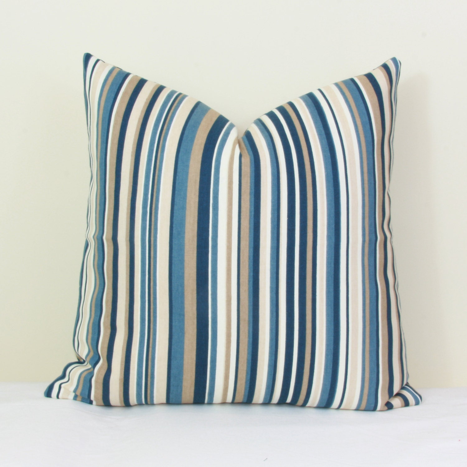 Blue and tan striped decorative throw pillow cover 18x18 20x20