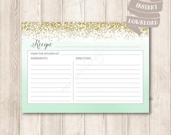 Mint and Gold Recipe Cards, Mint Green Ombre Watercolor, Gold Glitter Confetti Bridal Shower Printable, INSTANT DOWNLOAD