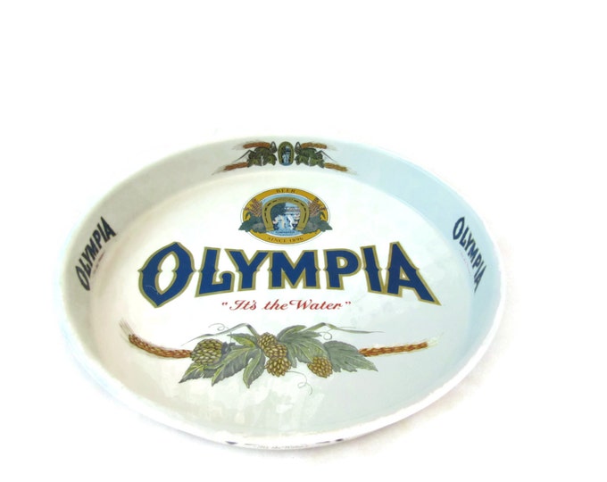 Vintage Olympia Beer Metal Tray / It's the Water 1981 Round Tray / Man Men Decor / Brewery Advertising / Beer Memorabilia