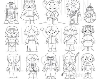 Star Wars Digital Stamps - Clipart & Vector Set - Instant Download - Personal and Commercial Use - New Characters - BB-8 - Rey -Yoda