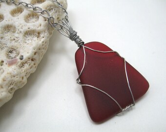 red sea glass necklace, sea glass necklace, necklace red sea glass, sea glass on silver, red sea glass pendant, recycled glass, seaglass