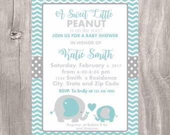 Teal Elephant Baby Shower Invitation, Printable Little Peanut Teal and Grey Elephant Baby Shower Invite, Neutral Baby Shower Elephant Invite
