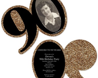 90th Birthday Invitations - Adult 90th Birthday - Gold Personalized Photo Birthday Party Age-Shaped Invites - Set of 12