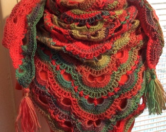 Crochet Virus Shawl, Virus Shawl Muti Color, Shawl Scarf, Crochet Shawl, Crochet Wrap, Multi Color Red