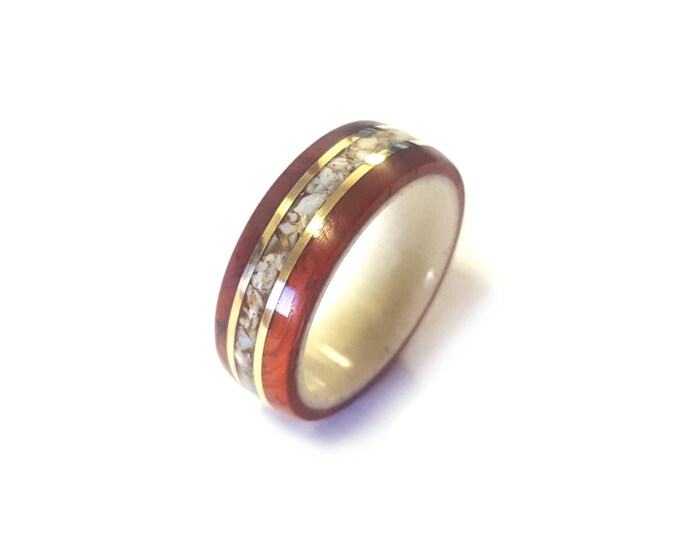 Wooden Ring Inlaid with Deer Antler, Padouk Wood Ring with Brass Stripes and Crushed White Turquoise Inlay