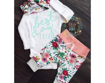 Baby girl coming home outfit best day ever Coral Floral theme hello world baby shower gift new baby set going home hospital outfit