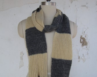 Pure cashmere Hufflepuff inspired Newt Scamander scarf long rib knit scarf made from unraveled cashmere sweaters pale yellow faded charcoal