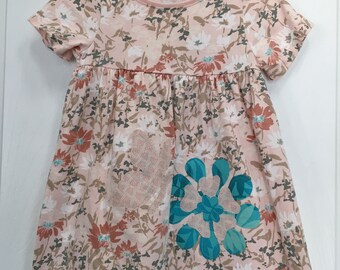 Baby Girl's Dress, size 18/24 months, short sleeve, pink floral w/coordinating flower and butterfly appliques, all cotton, for spring/summer