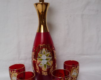 Vintage Ruby Red & Gold Bohemian Czech Decanter And 4 Matching Cups/Glasses Hand Applied Flowers