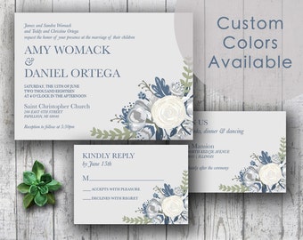 Printable Wedding Invitation PDF Set or Pick & Choose - Elegant Country Rustic Floral Bouquet in Steel Blue Gray Ivory (Or Pick Your Colors)