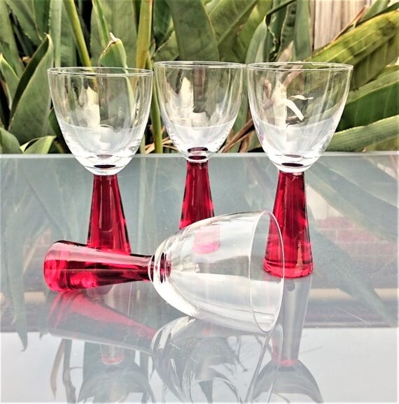 Vintage Red Thick Stem Wine Glasses Set of 4 551c
