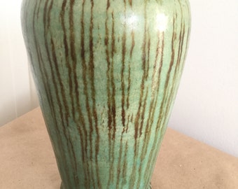 Vintage Tall Abstract Green Studio Pottery Vase 1980s