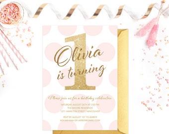 1st Birthday Invitation, Pink and Gold First Birthday Invitation, Girl Birthday Invitation, Kids Birthday Invitation, Gold Glitter Invite