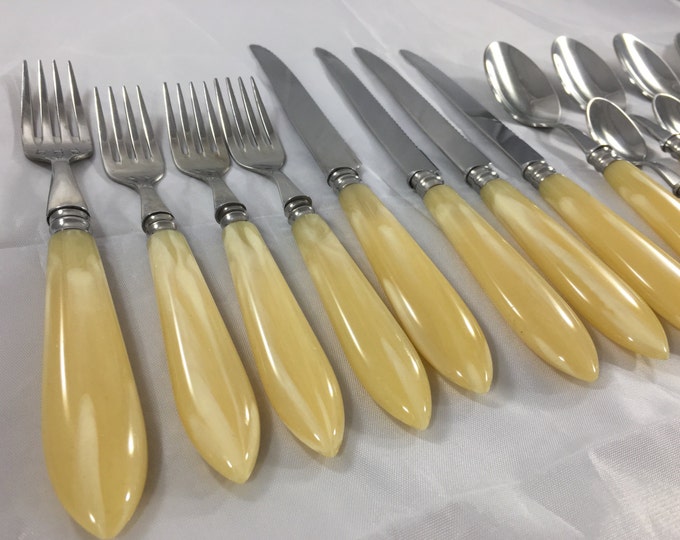 Storewide 25% Off SALE Vintage Jean Dubost French Professional Coutelier Stainless Steel Pearlized Flatware Featuring Fuseau Corne Blonde Ha