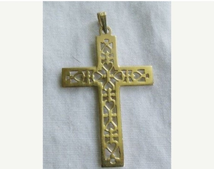 Storewide 25% Off SALE Beautiful Vintage 14k Solid Gold Religious Cross Openwork Pendant Featuring Alternating Heart Design With Elegant Sty