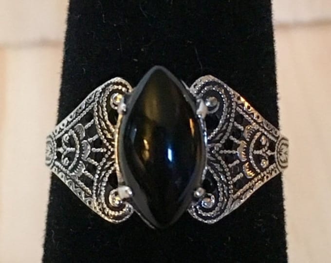 Storewide 25% Off SALE Vintage Delicate Sterling Silver Marquee Polished Black Onyx Designer Ring Featuring Elegant Open Filigree Style Fini