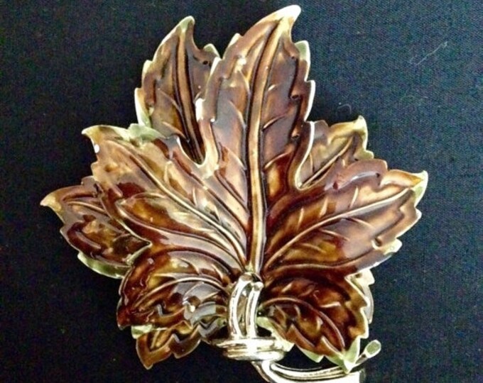 Storewide 25% Off SALE Vintage Enamel Double Maple Leaf Shaped CORO Signed Designer Brooch Featuring Iridescent Brown Textured Design