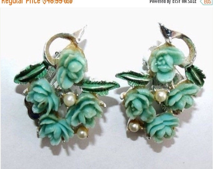 Storewide 25% Off SALE Vintage Molded Turquoise Blue Acrylic Rose Designer Clip Back Earrings Featuring Faux Pearl Accents In Silver Tone Se