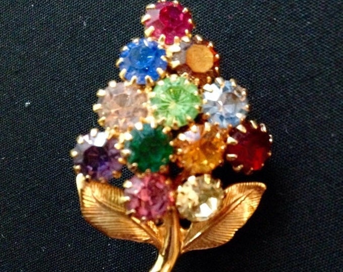 Storewide 25% Off SALE Vintage Gold Tone Multi Colored Rhinestone Designer Brooch Featuring Beautiful Grape Pattern With Assorted Colors