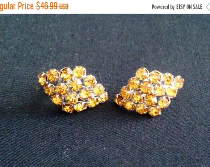 Storewide 25% Off SALE Vintage Sunset Amber Silver Tone Rhinestone Screw Back Geometrical Earrings Featuring Faceted Prong Set Stones