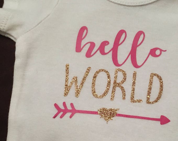 Baby Girl Coming Home Outfit - Hello World Baby Girl Onesies®, Newborn Baby Bodysuit, Pink and Gold, Baby Romper, Baby Shower Gift