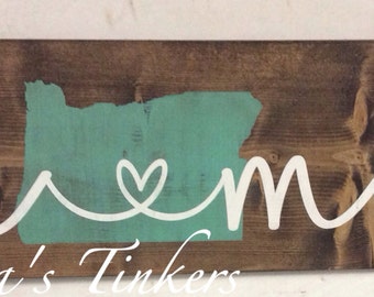Home sign. Home state sign. Home is where the heart is. Painted wood sign