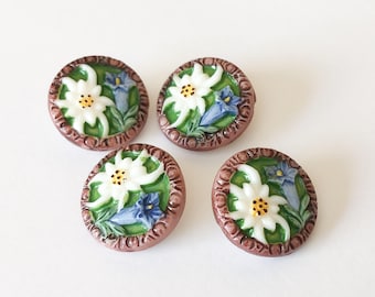 Charming vintage glass button lot 4pc green Bavarian