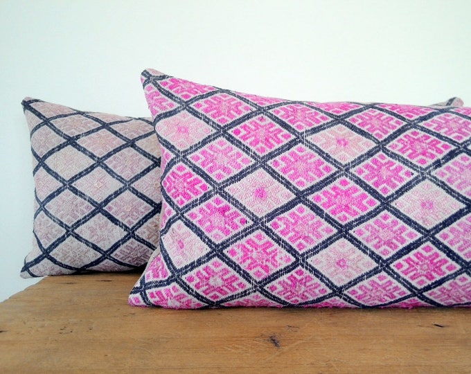 11" x 24" Vintage Chinese Wedding Blanket Lumbar Pillow Cover/Boho Pink and Indigo Ethnic Embroidered Dowry Textile/Handwoven Silk Cushion