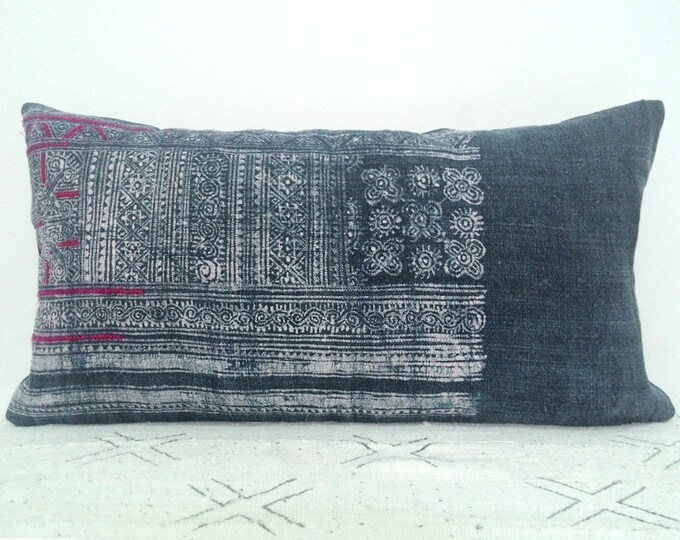 11"x 20" Vintage Indigo Pink Batik / Hmong Hemp Pillow Cover / Exotic Textile Boho Neon Stripes Pillow Case / Ethnic Costume Textile Pillow