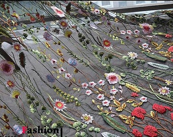 1 yard Lace Fabric Black Tulle Red Floral Embroidery Exquisite Bridal Wedding Headband 51" width High Quality