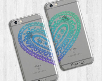 Best Friends iPhone 6 Case Set, Heart Paisley, Gift for friend, Transparent flexible case, iPhone 6 cover, Colorful iPhone 5 Case