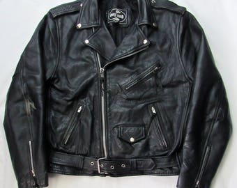 Vintage Black Leather Motorcycle Jacket ~ size 46 ~ Biker ~ L to XL ~