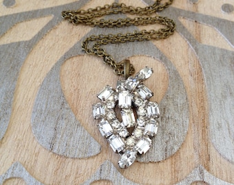 Repurposed rhinestone brooch necklace, Downton Abbey necklace, assemblage, paste, mixed metal, rustic, OOAK, vintage wedding, vintage bridal