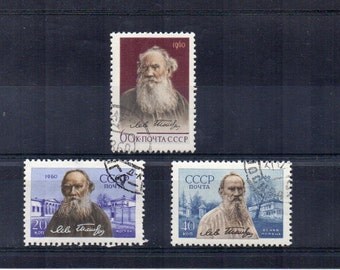 Tolstoy Russia 1960 50th Death Anniversary of Tolstoy. Russian used postage stamps, vintage set. Crafts, framing, collecting, scan enlarged.