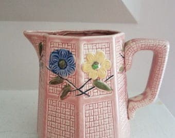 Vintage Pink Ceramic Pitcher Octagonal with Flowers