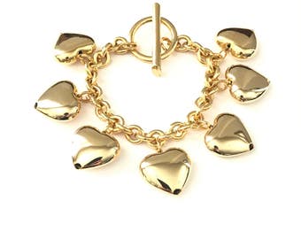 Vintage Chunky Puffy Gold Plated Heart Charm Bracelet